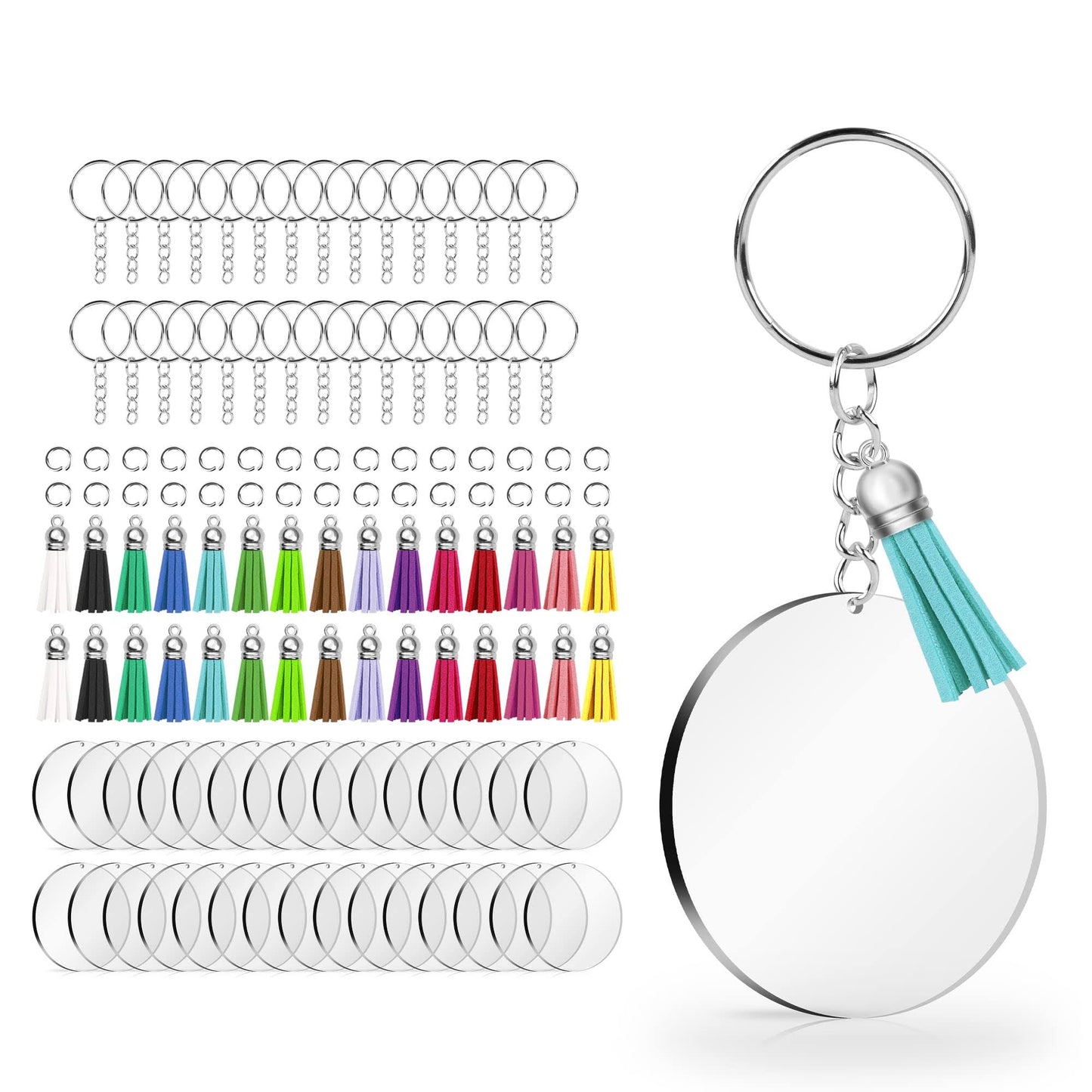 120 pcs Acrylic Keychain Blank with Key Rings Tassels Key Chain for Girls Craft,Bulk Keychain Rings,Key Chain Kit for