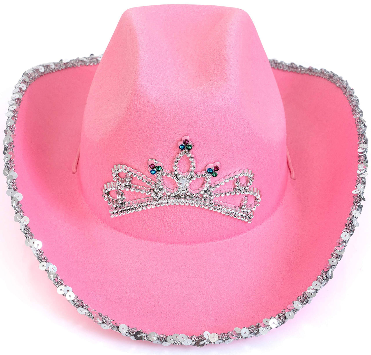 Skeleteen Pink Cowboy Hat Pink Sequin Cowgirl Princess Hat with Crown Tiara Design