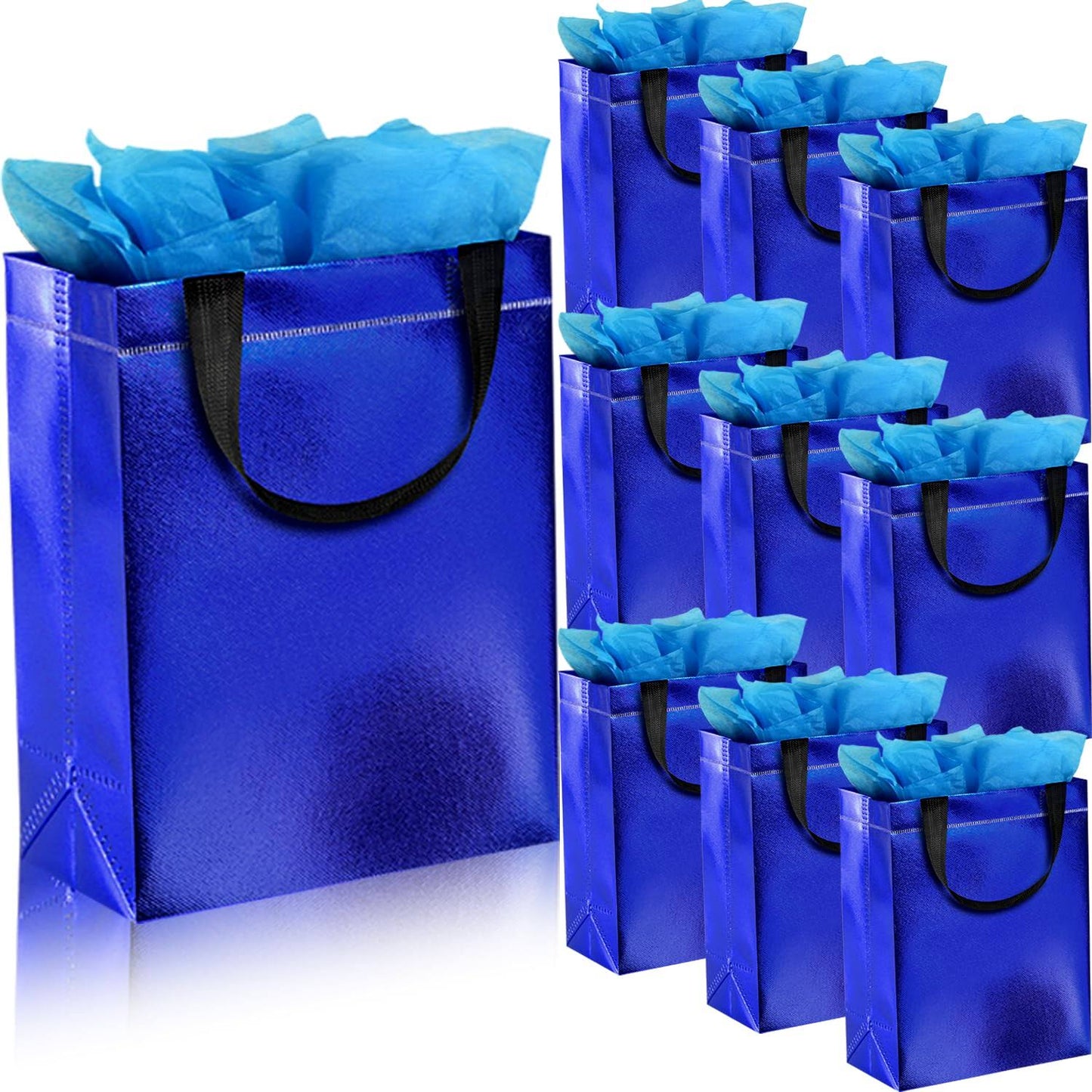 GITMIWS Sparkle Gift Bags with Tissues – Set of 9 Blue Reusable Shiny Gift Bags Medium Size - Ideal As Goodie Bags, Birthday Gift Bag, Party Favor